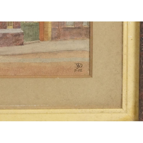 1370 - J W D 1902 - College gate entrance, watercolour, paper labels to the reverse contemporary mounted an... 