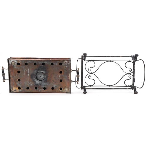 140 - Arts & Crafts copper and wrought iron plate warmer, stamped patent, 18cm H x 50cm W x 23cm D