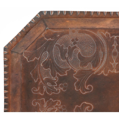 129 - Arts & Crafts copper tray with stylized floral decoration, 48cm x 38cm