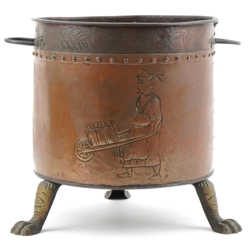 116 - Arts & Crafts copper log bucket decorated with a panel of fruit and coat of arms of Freesland, mount... 