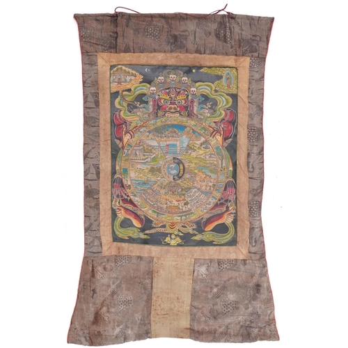 1363 - Chinese hand coloured fish design silk tanka decorated with a dragon and Buddhas, 100cm x 62cm