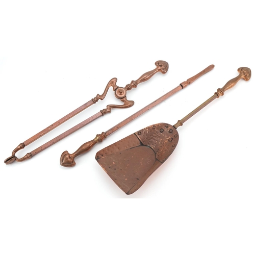 145 - Arts & Crafts copper fire set with tongs, the largest piece 48cm in diameter