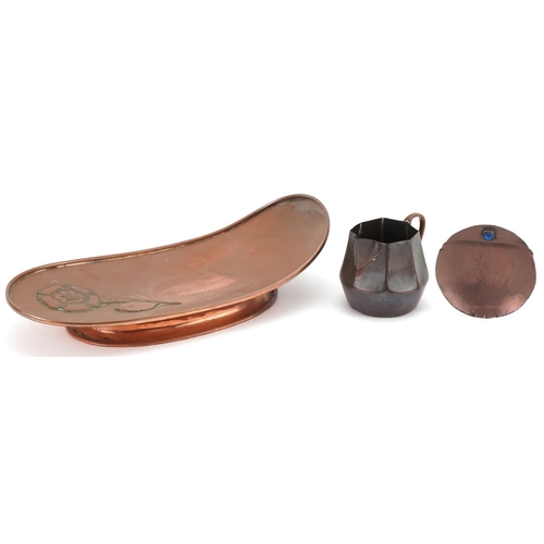 260 - Arts & Crafts style copper dish with rose design, Keswick School of Industry milk jug and small copp... 