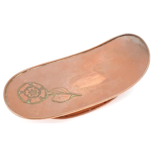 260 - Arts & Crafts style copper dish with rose design, Keswick School of Industry milk jug and small copp... 