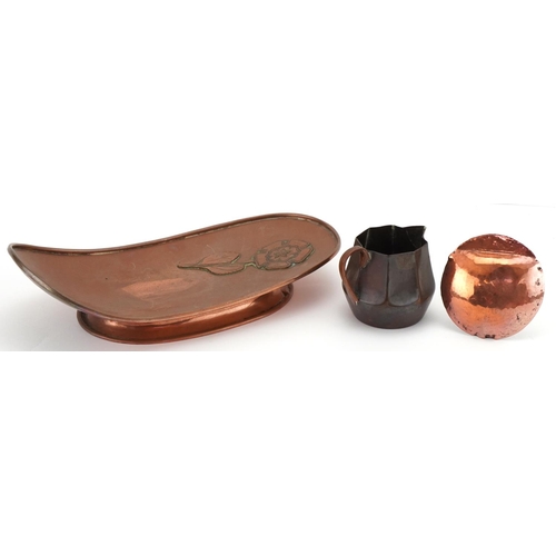 260 - Arts & Crafts style copper dish with rose design, Keswick School of Industry milk jug and small copp... 