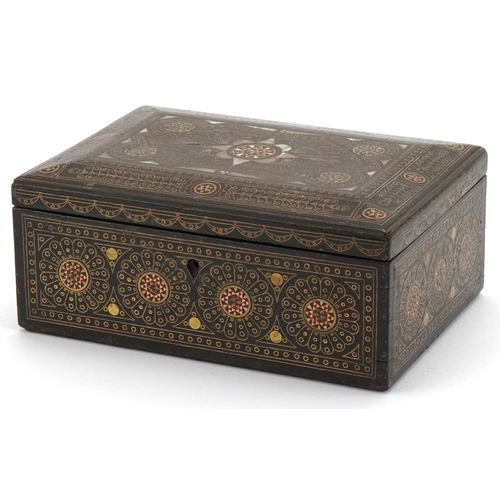 163 - Arts & Crafts style ebony box inlaid with brass and mother of pearl having green velvet interior, 7c... 