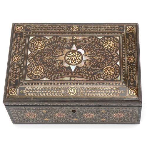 163 - Arts & Crafts style ebony box inlaid with brass and mother of pearl having green velvet interior, 7c... 