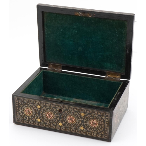 163 - Arts & Crafts style ebony box inlaid with brass and mother of pearl having green velvet interior, 7c... 