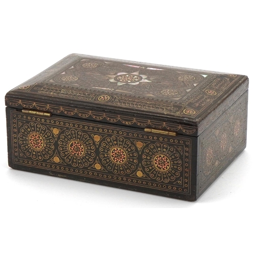 163 - Arts & Crafts style ebony box inlaid with brass and mother of pearl having green velvet interior, 7c... 