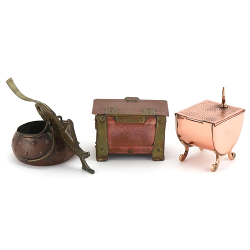 169 - Arts & Crafts copper and brass box, grasshopper cigar cutter and a J Picard & Co copper box, the lar... 