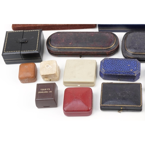 3583 - Antique and later jeweller's jewellery and cutlery boxes, some tooled leather, including Fisher & Co... 