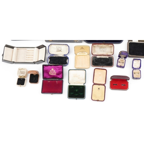 3583 - Antique and later jeweller's jewellery and cutlery boxes, some tooled leather, including Fisher & Co... 