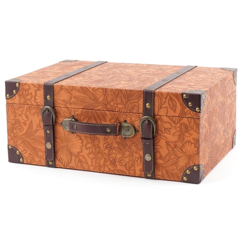 1541 - Arts & Crafts style tan leather travel case embossed with flowers and foliage, 19.5cm H x 46cm W x 3... 