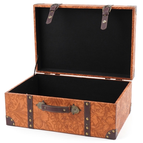 1541 - Arts & Crafts style tan leather travel case embossed with flowers and foliage, 19.5cm H x 46cm W x 3... 