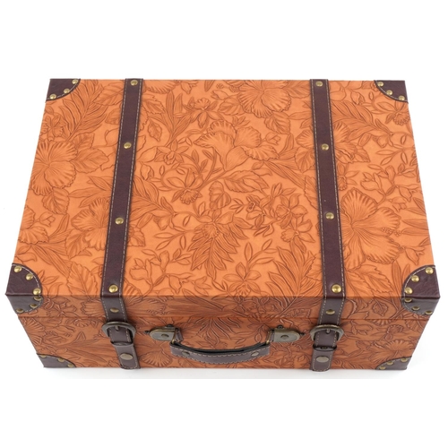 1541 - Arts & Crafts style tan leather travel case embossed with flowers and foliage, 19.5cm H x 46cm W x 3... 