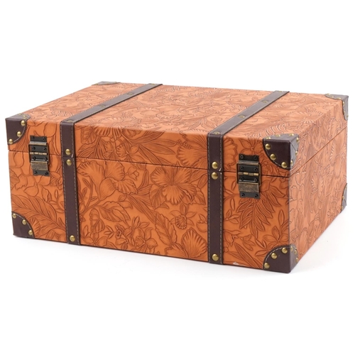 1541 - Arts & Crafts style tan leather travel case embossed with flowers and foliage, 19.5cm H x 46cm W x 3... 