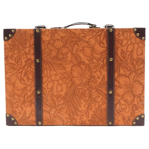 1541 - Arts & Crafts style tan leather travel case embossed with flowers and foliage, 19.5cm H x 46cm W x 3... 