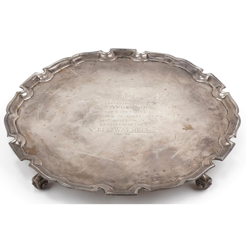 1026 - Henry Hodson Plante, Elizabeth II silver four footed salver with presentation inscription, London 19... 