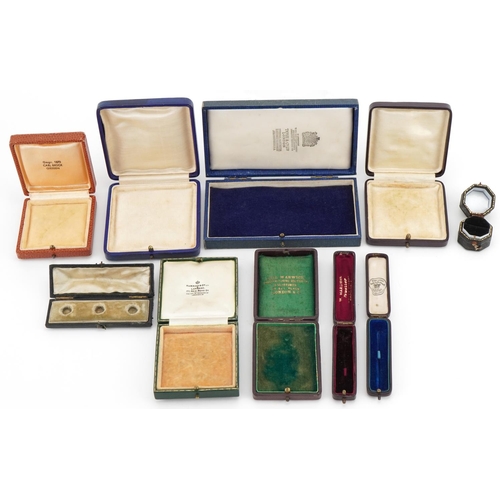 3579 - Antique and later jeweller's jewellery boxes, some tooled leather including W Hardman Rochdale, Henr... 