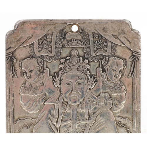 2227 - Chinese silver scroll weight cast with an emperor and servants, impressed character marks to the rev... 