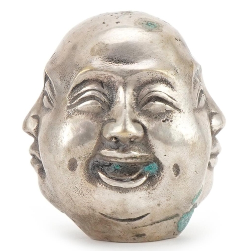 2206 - Chinese white metal Buddha four face scroll weight, four figure character marks to the base, 6cm hig... 