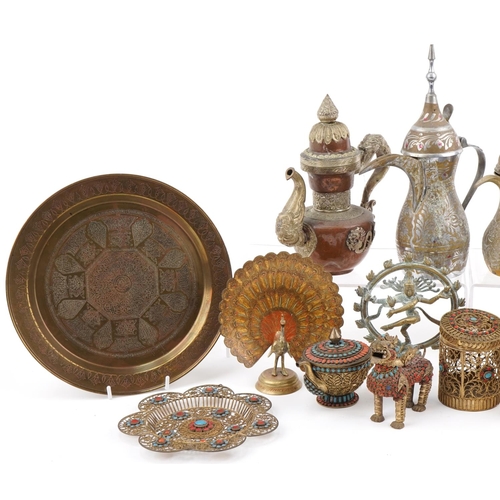 1334 - Asian and Middle Eastern metalware including engraved brass dishes, jewelled filigree box and cover ... 