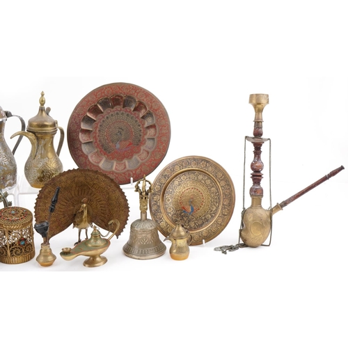 1334 - Asian and Middle Eastern metalware including engraved brass dishes, jewelled filigree box and cover ... 