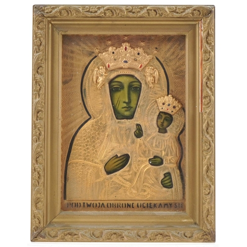 1384 - Russian religious interest ikon of a Madonna and child, gilt framed, overall 30.5cm x 25.5cm