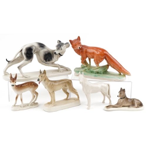 2243 - Chodziez, six Polish porcelain animals including fox, Greyhound and horse, the largest 34cm in lengt... 