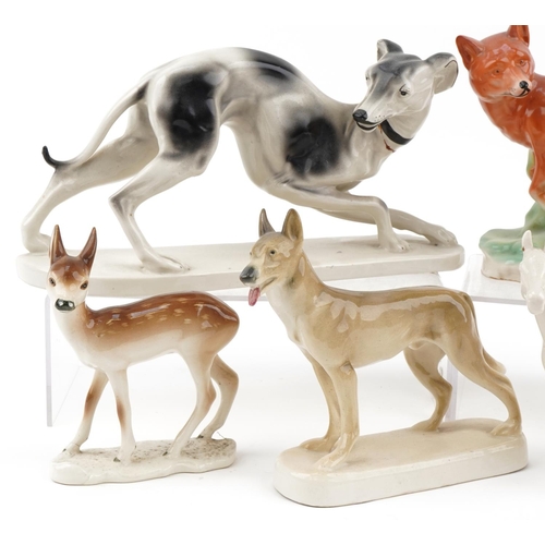 2243 - Chodziez, six Polish porcelain animals including fox, Greyhound and horse, the largest 34cm in lengt... 