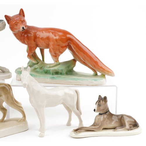 2243 - Chodziez, six Polish porcelain animals including fox, Greyhound and horse, the largest 34cm in lengt... 