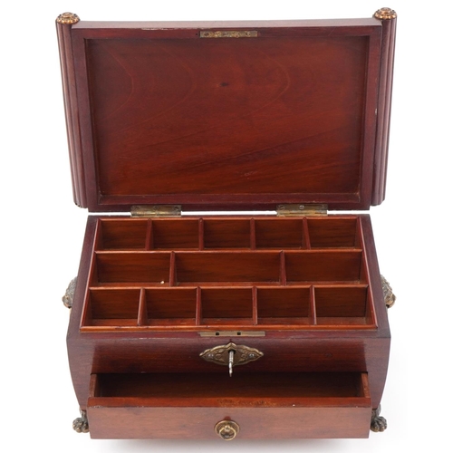 1171 - Regency style mahogany work box with pull out drawer and brass ring turned lion handles, made by C E... 