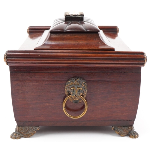 1171 - Regency style mahogany work box with pull out drawer and brass ring turned lion handles, made by C E... 