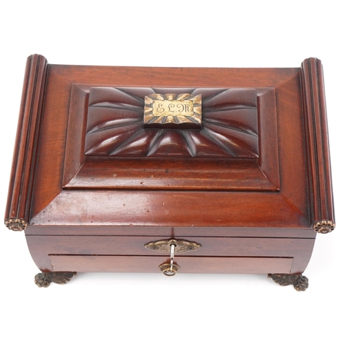 1171 - Regency style mahogany work box with pull out drawer and brass ring turned lion handles, made by C E... 