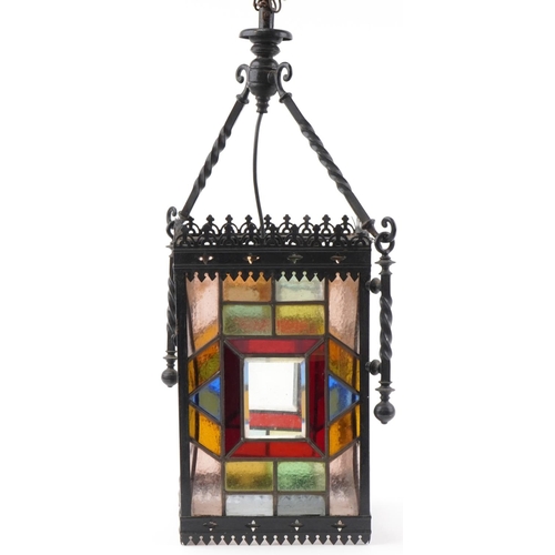 38 - Arts & Crafts wrought iron hall lantern with leaded glazed panels, 38cm H x 24cm W x 24cm D