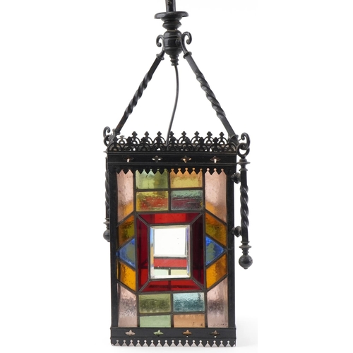 38 - Arts & Crafts wrought iron hall lantern with leaded glazed panels, 38cm H x 24cm W x 24cm D