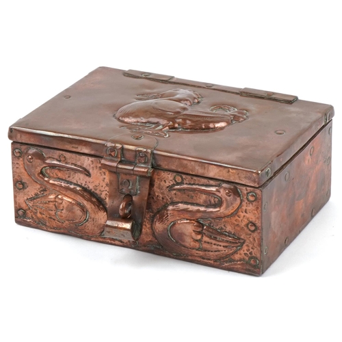 John Pearson for Newlyn, Arts & Crafts copper casket decorated with birds, JP 1902 stamp to the reverse, 7cm H x 17cm W x 12cm D