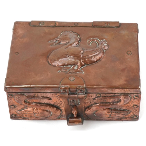 340 - John Pearson for Newlyn, Arts & Crafts copper casket decorated with birds, JP 1902 stamp to the reve... 