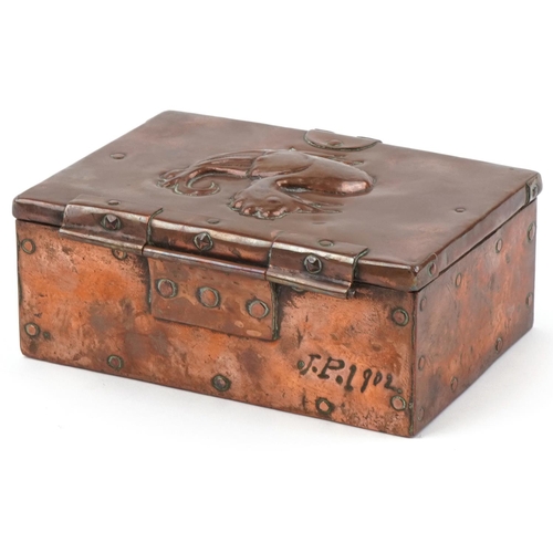 340 - John Pearson for Newlyn, Arts & Crafts copper casket decorated with birds, JP 1902 stamp to the reve... 