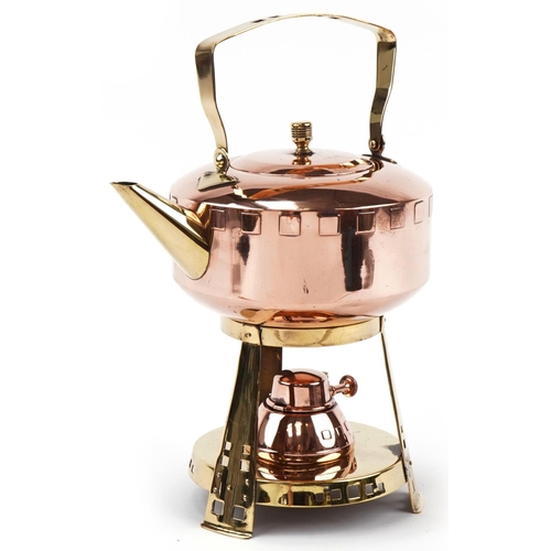 487 - WMF stylised brass and copper kettle on stand, 30cm high