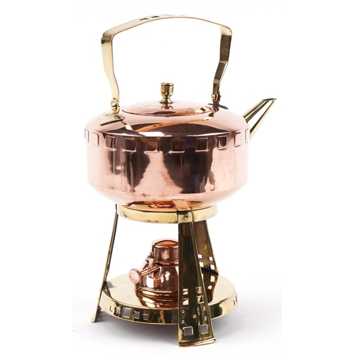 487 - WMF stylised brass and copper kettle on stand, 30cm high