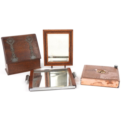 167 - Arts & Crafts oak stationery box, aesthetic oak mirror with leather Japanned back, Art Deco mirrored... 