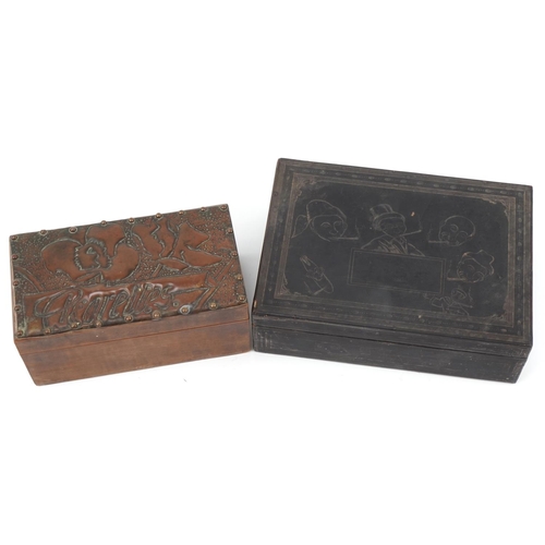 165 - Arts & Crafts copper topped wooden cigarette box decorated with flowers and a comical lacquered wood... 