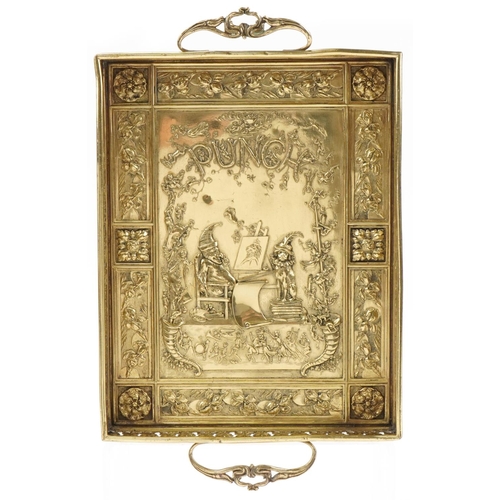 67 - Arts & Crafts brass Punch & Judy pierced brass gallery tray, 3cm H x 36cm W x 24cm D including the h... 