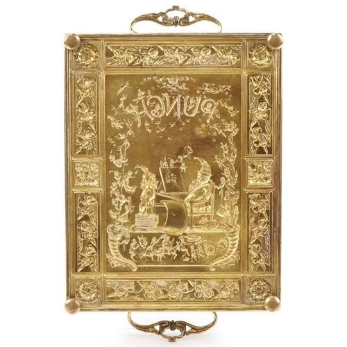 67 - Arts & Crafts brass Punch & Judy pierced brass gallery tray, 3cm H x 36cm W x 24cm D including the h... 