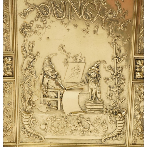 67 - Arts & Crafts brass Punch & Judy pierced brass gallery tray, 3cm H x 36cm W x 24cm D including the h... 