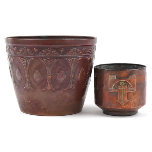 176 - Arts & Crafts copper jardinière stamped J S & S together with a stylish copper plant pot, the larges... 