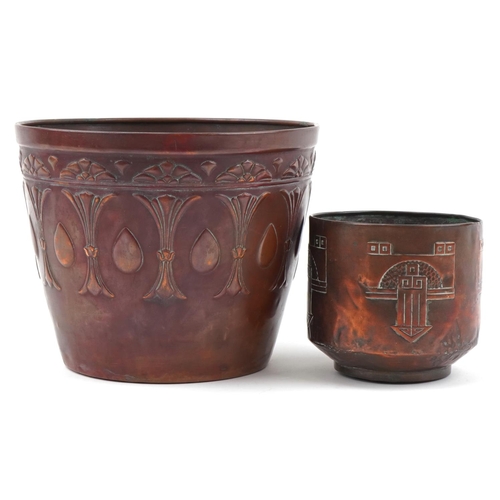 176 - Arts & Crafts copper jardinière stamped J S & S together with a stylish copper plant pot, the larges... 