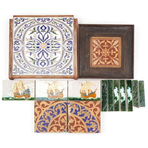 242 - Arts & Crafts tiles including Minton and sailing ship examples, the largest framed example 32cm x 32... 