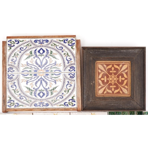 242 - Arts & Crafts tiles including Minton and sailing ship examples, the largest framed example 32cm x 32... 